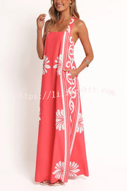 Unique Print Square Neck Open Back Tie Bow Holiday Maxi Dress