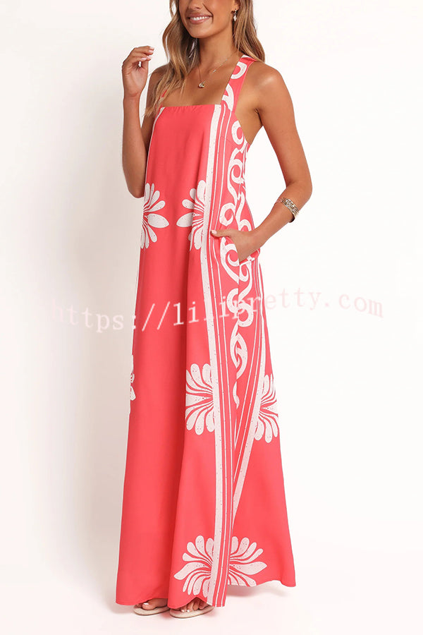 Unique Print Square Neck Open Back Tie Bow Holiday Maxi Dress