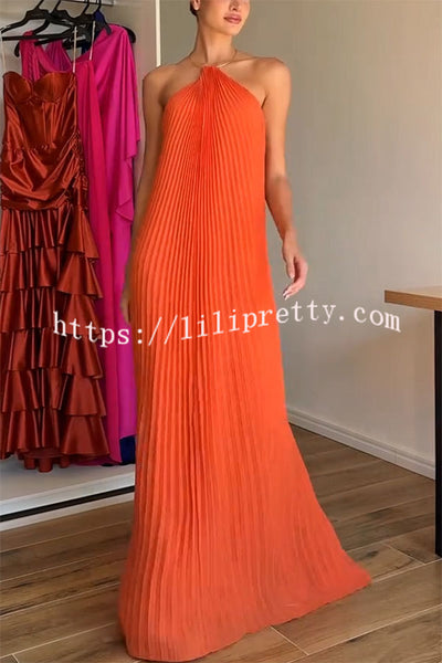 Coralie Pleated Metal Ring Halter Backless Loose Maxi Dress