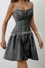 Fashionable Patchwork Suspender Zipper Slim Denim Mini Dress