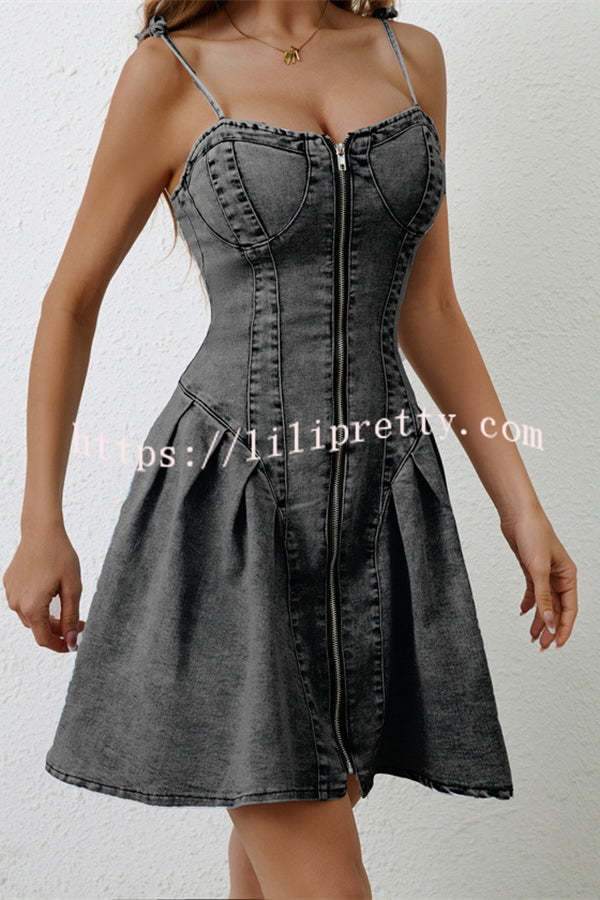 Fashionable Patchwork Suspender Zipper Slim Denim Mini Dress