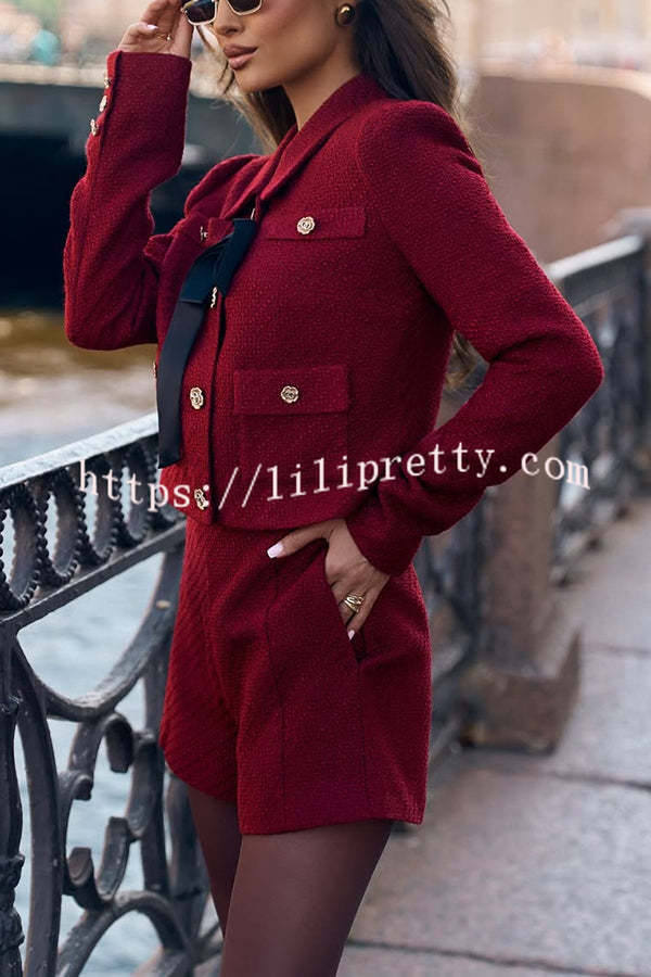 Sweet Dreams Tweed Bow Neck Button Long Sleeve Pocket Crop Jacket