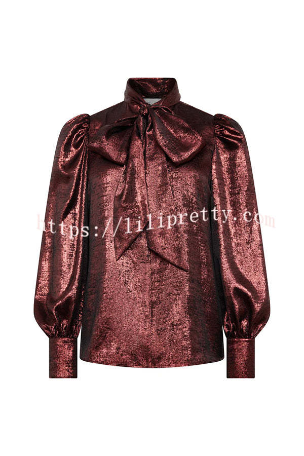 Ariella Metallic Satin Fabric Tie-up Bow Neck Long Sleeve Blouse