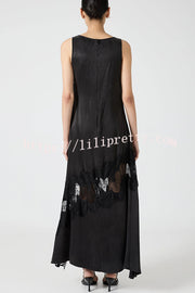 Pretty Soul Satin Lace Trim Wide Neck Irregular Hem Slit Maxi Dress
