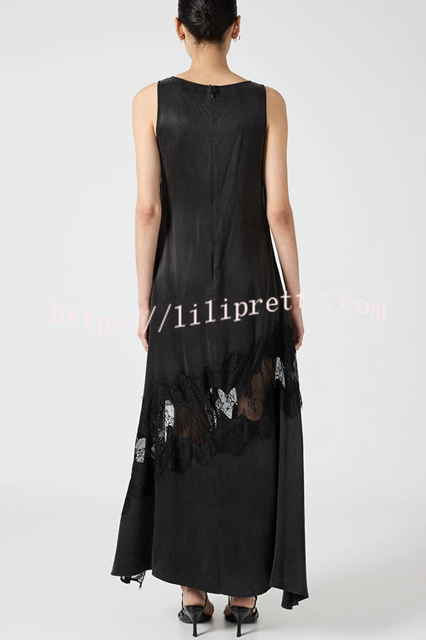 Pretty Soul Satin Lace Trim Wide Neck Irregular Hem Slit Maxi Dress
