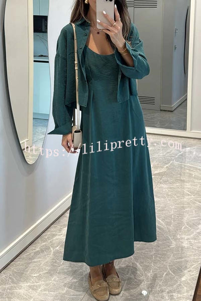 Modern Comfort Long Sleeve Shirt and Slip Loose Midi Dress Two Piece Set