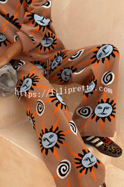 Mediterranean Art Knit Unique Sun Vortex Print Elastic Waist Wide Leg Pants