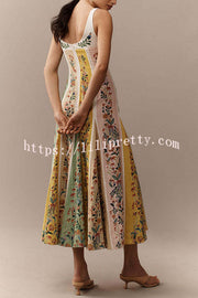 Sweet Garden Linen Blend Color Block Floral Paneled Maxi Dress