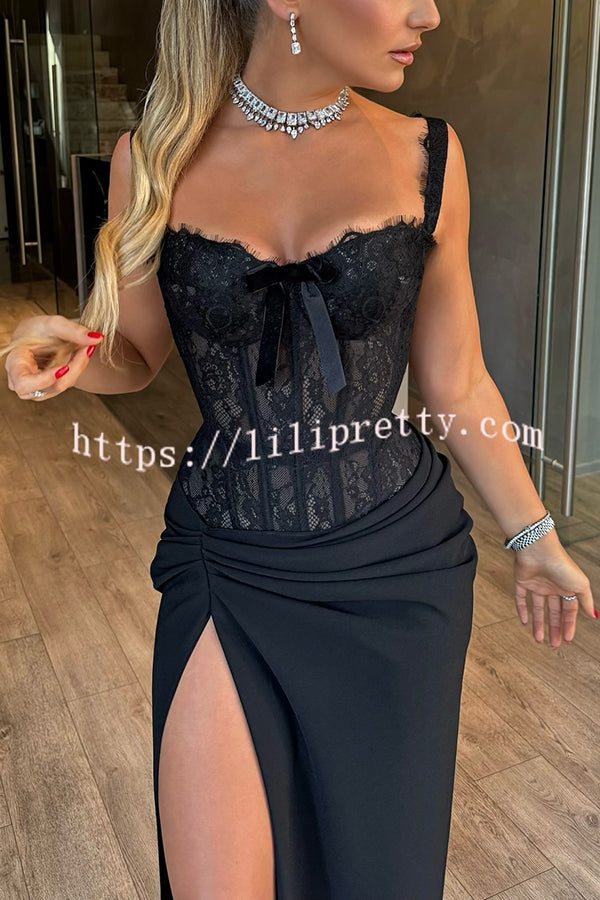 Sexy Grace Magic Lace Corset Bow Design Ruched Hip Slit Maxi Dress
