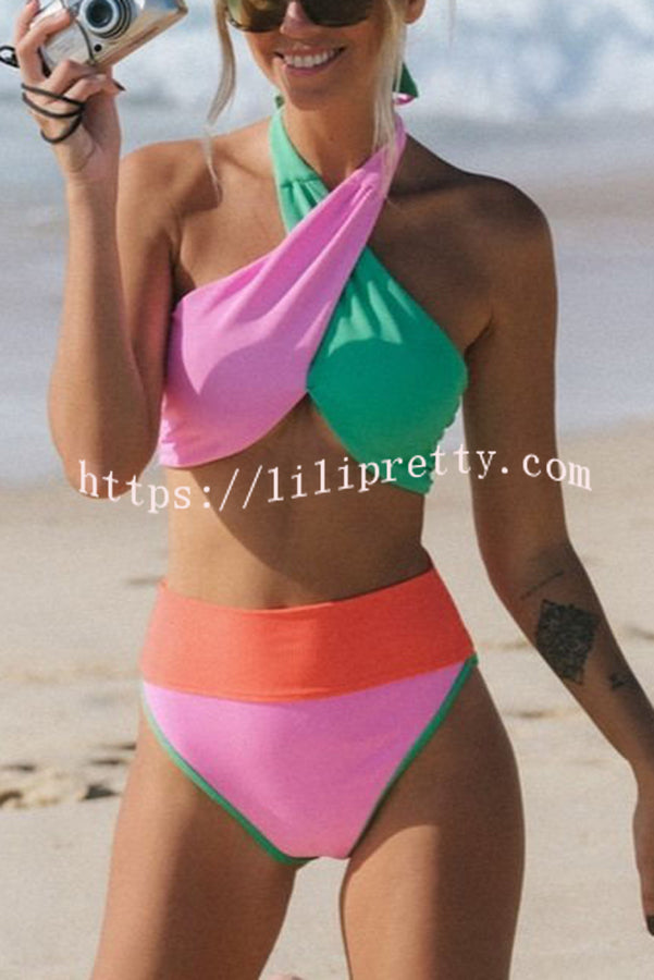 Lilipretty Summer Brights Ribbed Color Block Cross Halter Neck High Rise Bikini Swimsuit