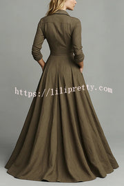 Linen Blend Lapel Pocket Single-breasted Shirt-style Casual Maxi Dress