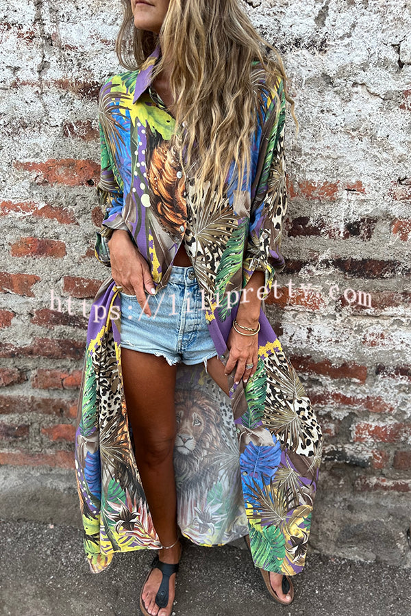 Jungle Miracle Animal Unique Print Button Long Sleeve Midi Relaxed Blouse