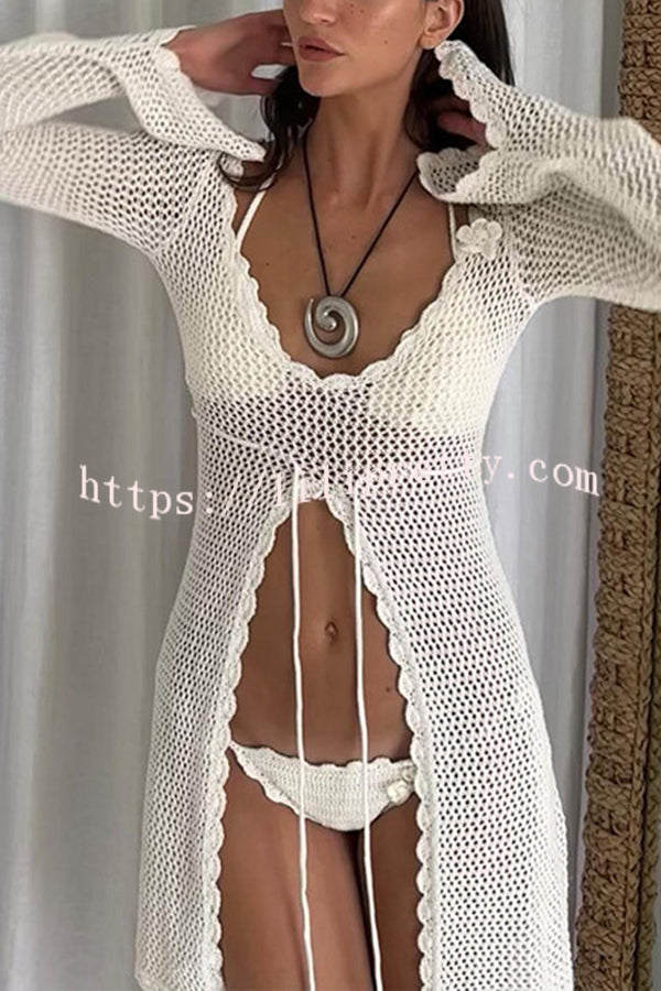 Elegant Knitted Cutout V Neck Lace Up Long Sleeves Cover Ups
