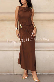 Fashionable Metallic Embellishments Pleated Sleeveless Slim-fit Maxi Dress