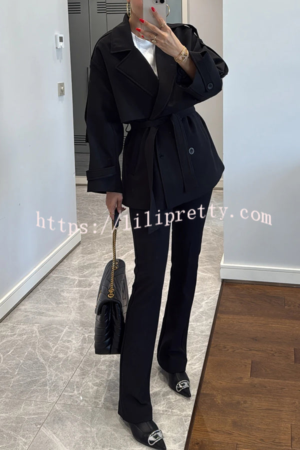 Modern Urban Dropped Shoulder Strap Button Detail Belted Lapel Loose Trench Coat