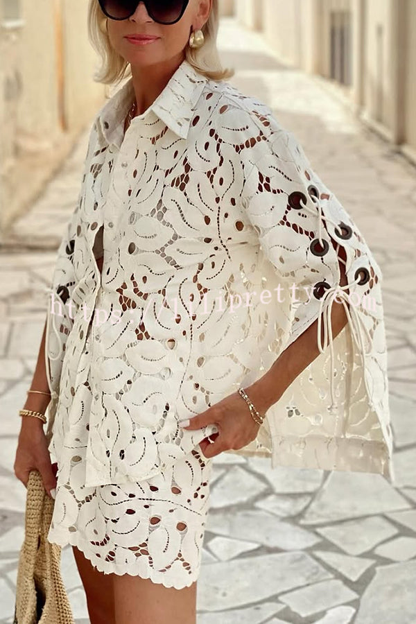 Always Favourite Lace Hollow Tie-up Slit Long Sleeve Shirt and Elastic Waist Shorts Set