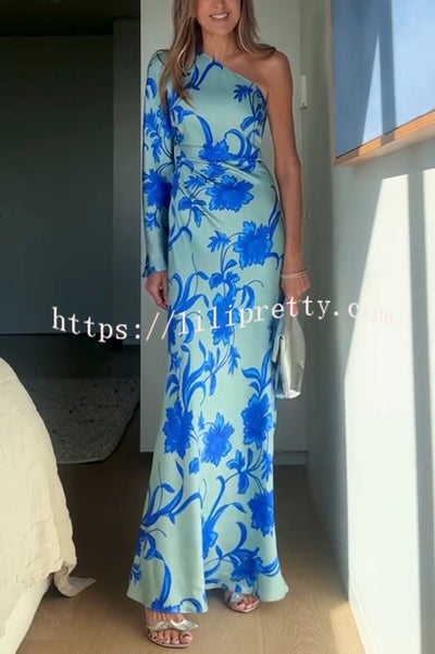 Satin Botanical Print One-Sleeve Resort Maxi Dress