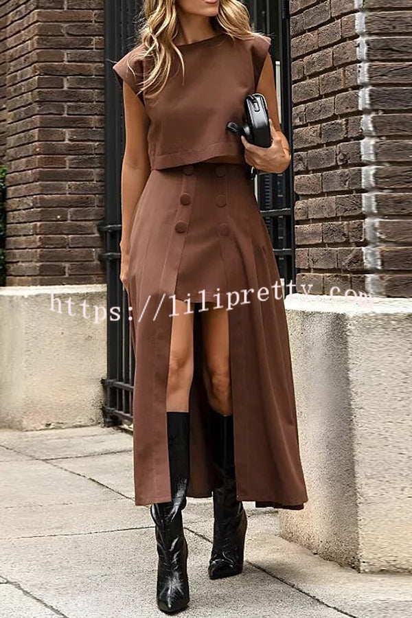 Solid Color Crew Neck Crop Top and High Waist Irregular Maxi Skirt Set