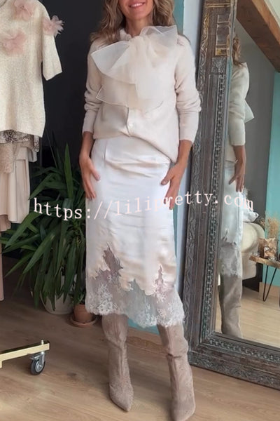 Lola Satin Lace Trim High Rise Side Zipper Loose Midi Skirt