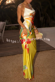 Luisa Satin Floral Print Cowl Neck Sexy Open Back Tie-up Maxi Dress