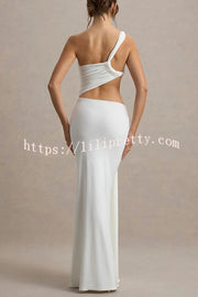 Sexy One-shoulder Backless Ribbon Pleated Slim Maxi Dress
