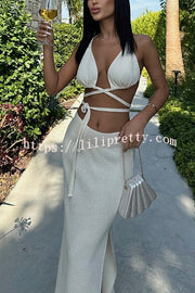 Solid Color Sexy Lace-up Swimsuit and Knitted Elastic Slit Beach Maxi Skirt Set