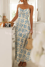 Starry Floral Print Lace Up Pleated Patchwork Zip Back Maxi Dress