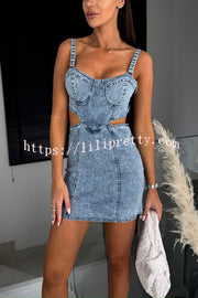 Picilo Denim Sweetheart Neck Cutout Waist Stretch Mini Dress