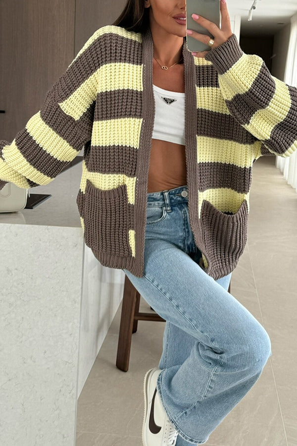Fashionable Patchwork Striped Casual Pocket Knitted Sweater