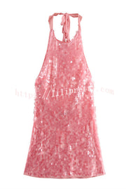 Sexy Rose Disc Sequin Halter Backless Mini Dress