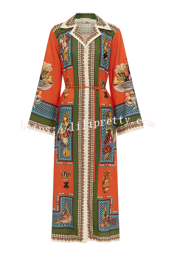 Linen Blend Unique Print Tie-waist Casual Maxi Dress