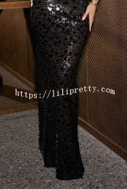 Twilight Muse Polka Dot Sequins Cape Sleeve Front Cutout Slit Maxi Dress