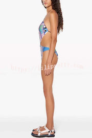 Lorian Unique Print Chain Halter Neck Cutout Waist Stretch One-piece Swimsuit