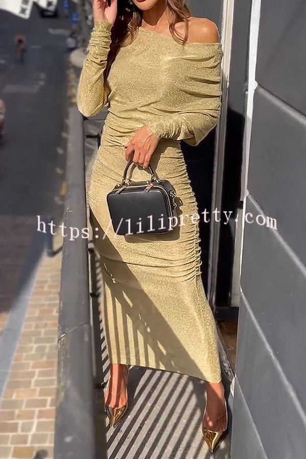 Lilipretty Golden Light One Shoulder Long Sleeve Ruched Stretch Maxi Dress