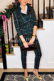 Embrace The Festival Plaid Twist Half Sleeve Shirt and Elastic Waist Pencil Pants Set