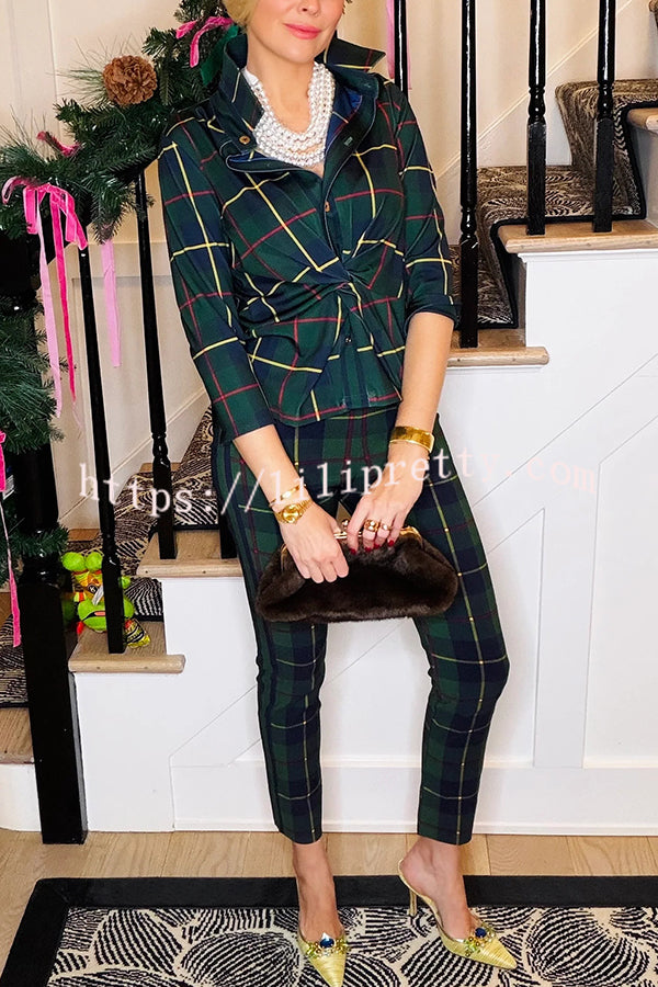 Embrace The Festival Plaid Twist Half Sleeve Shirt and Elastic Waist Pencil Pants Set