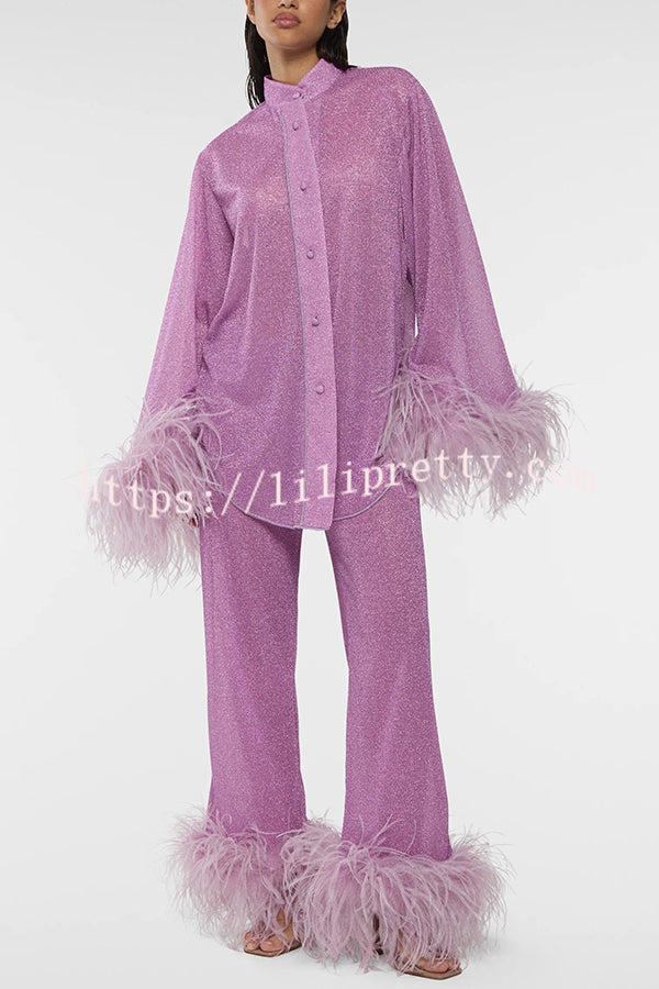 Glitter Fabric Feather Trim Long Sleeve Button Top and Elastic Waist Loose Straight Pants Set