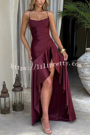 Solid Color Sexy Backless Lace-up Irregular Ruffled Maxi Dress
