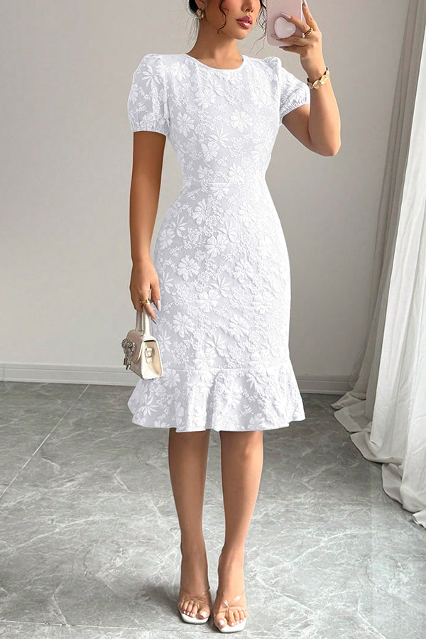 Floral Pattern Round Neck Puff Sleeve Fitted Midi Dress