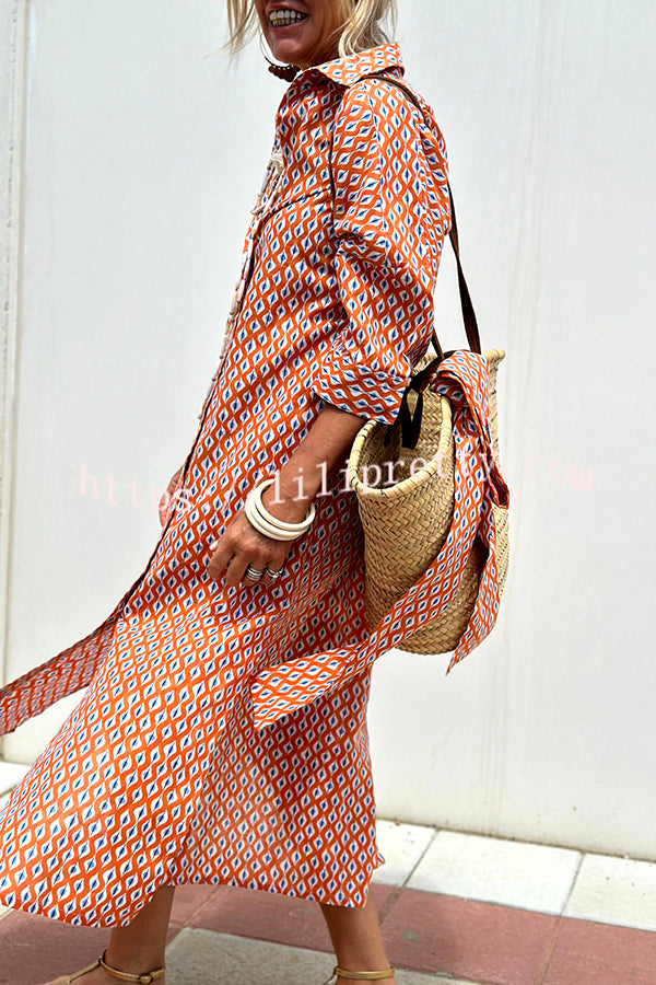 Summer Splendor Printed Button Half Sleeve Belt Loose Shirt Midi Dress