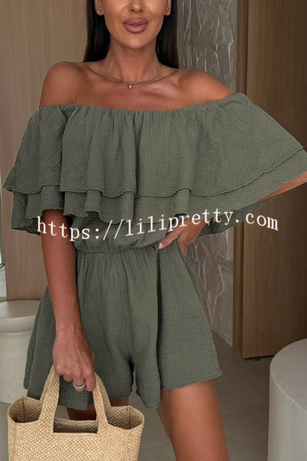 Solid Color Off-shoulder Ruffled Casual Waist Rompers