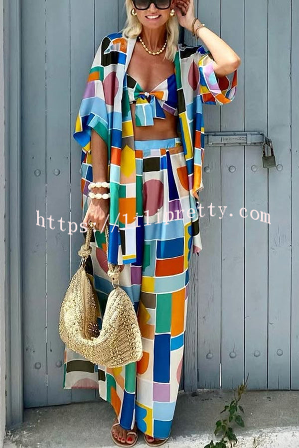 Summer Colors Printed Kimono + Knotted Tank + Elastic Waist Pocket Three-pieces Pants Set