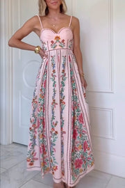 Linen Blend Delicate Forest Unique Print Sweetheart Neck Beaded Straps Maxi Dress