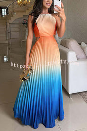 Fashionable Backless Tie Elegant Gradient Pleated Maxi Dress