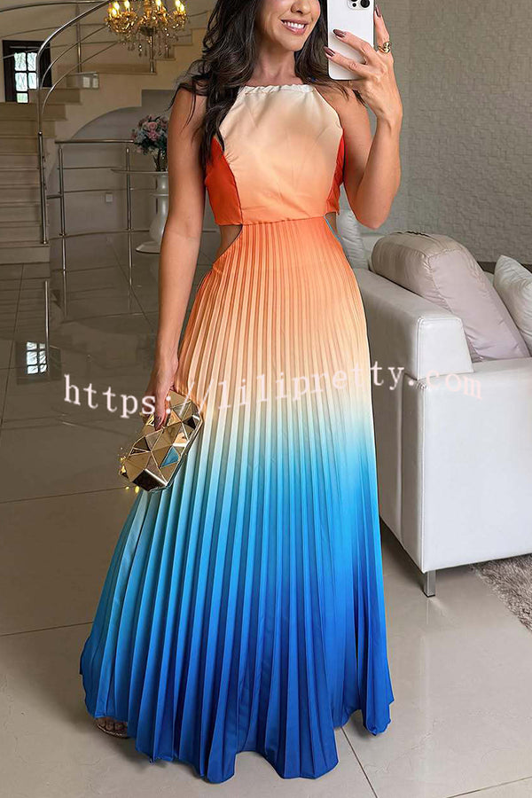 Fashionable Backless Tie Elegant Gradient Pleated Maxi Dress