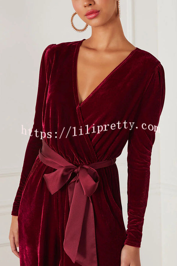 Love One Another Velvet Bow Belted Pocket Cutout Back Loose Jumpsuit