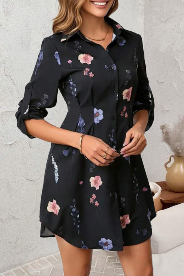 Floral Print Lapel Long Sleeve Button-Down Shirt Mini Dress