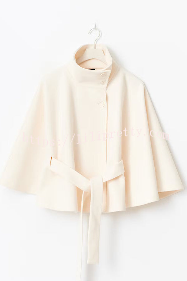 Fashionable Stand Collar Button Waist Tie Loose Cape