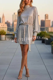 Fashionable Sequined Long-sleeved Belted Casual Mini Dress