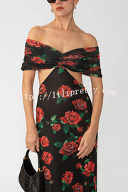 Rose Print Sexy Strapless Backless Slim Maxi Dress